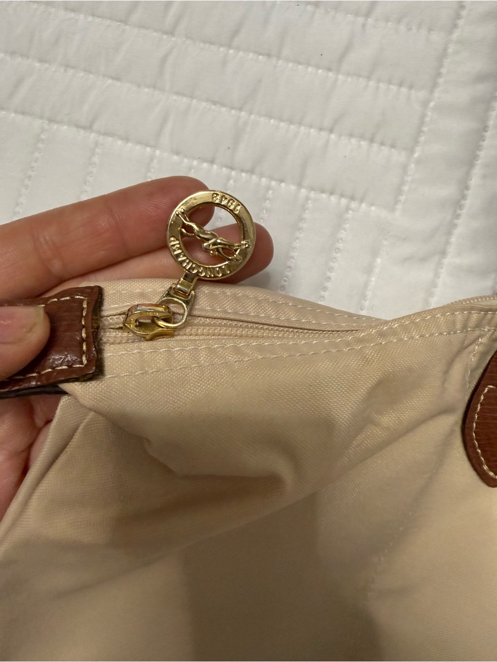 Longchamp Beige Nylon Travel Tote with Brown Leather Trim - Picture 6 of 7